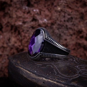Oval Zircon Amethyst Men Ring, Silver Handmade Jewelry, 925 Sterling Silver, For Men, Zircon Amethyst, Purple