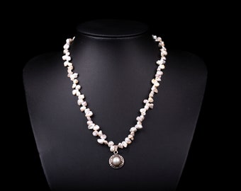 Natural Pearl Necklace with a Round Silver Pendant, For Women, Necklace, 100% Handmade, Mother of Pearl