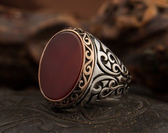 Flat Oval Red Aqeeq Stone Silver Ring, Silver Handmade Flat Oval Red Aqeeq Stone Silver Ring, Silver Handmade