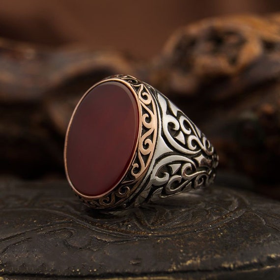 agate carnelian natural stone red yemen aqeeq sterling silver men ring –  Abu Mariam Jewelry