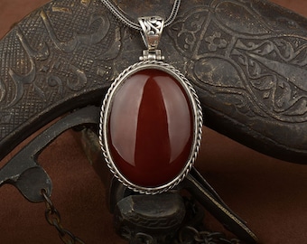 Roter jemenitischer Aqeeq Silberanhänger, Silberschmuck, 925 Sterling Silber, für Frauen, Halskette, roter jemenitischer Aqeeq - Achat