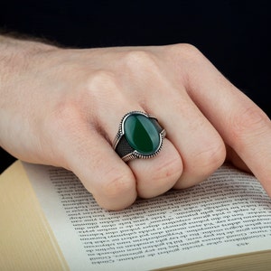 Oval Green Aqeeq Men Ring, Silver Handmade Jewelry, 925 Sterling Silver, For Men, Green Aqeeq Agate image 6