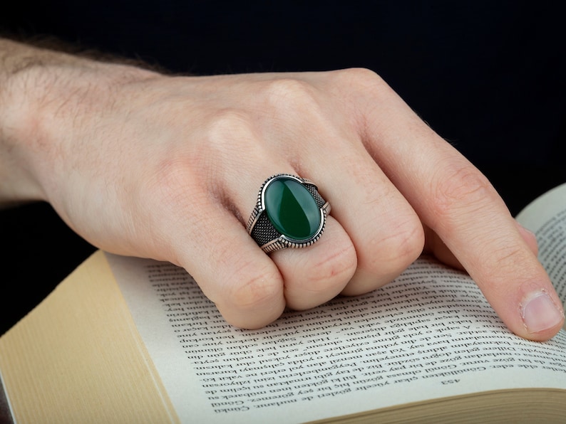 Oval Green Aqeeq Men Ring, Silver Handmade Jewelry, 925 Sterling Silver, For Men, Green Aqeeq Agate image 6