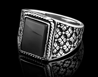 Black Rectangle Aqeeq Silver Ring, Silver Handmade Jewelry, 925 Sterling Silver, For Men, Black Aqeeq - Agate, Onyx