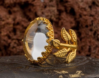 Dur E Najaf Flower Gold Plated Silver Women Ring, Silver Handmade Jewelry, 925 Sterling Silver, For Women, Gift For Her, Clear, Dur E Najaf