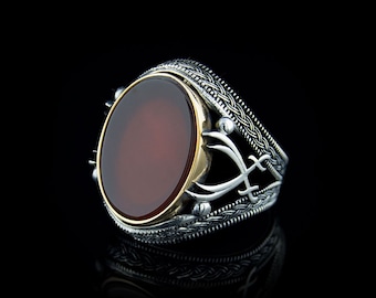 Red Aqeeq Silver Men Ring with Double Swords, Silver Handmade Jewelry, 925 Sterling Silver, For Men, Red Aqeeq - Agate