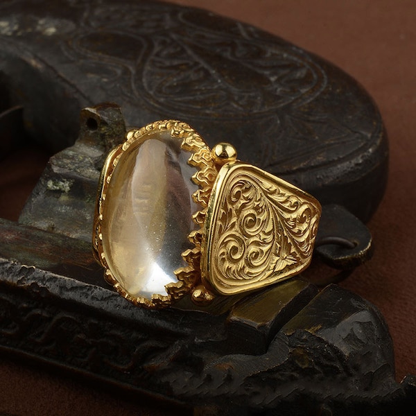 Dur E Najaf Gold Color Silver Men Ring, Silver Handmade Jewelry, 925 Sterling Silver, For Men, Najaf, Dur E Najaf, Clear Stone