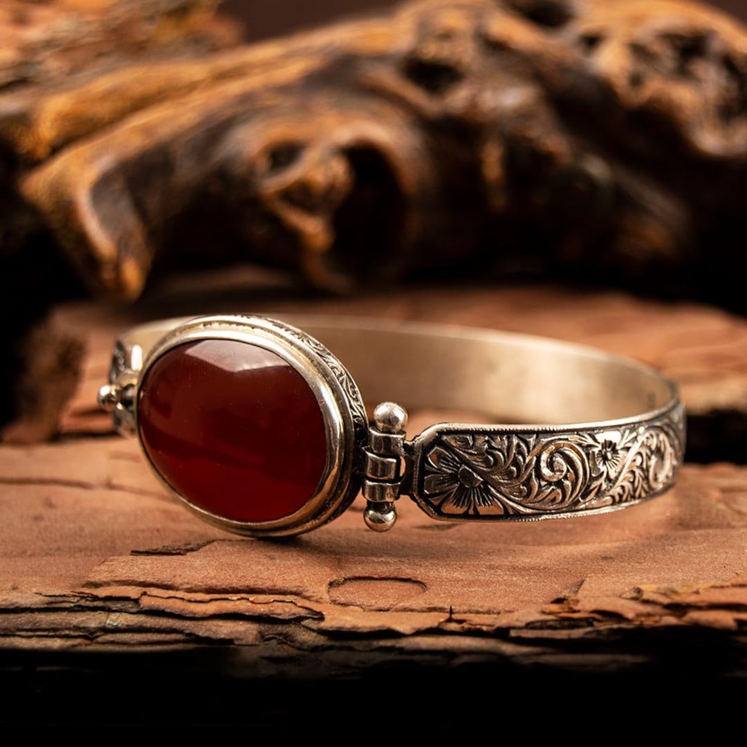 レッド イエメン Aqeeq シルバー ブレスレット、シルバー ハンドメイド