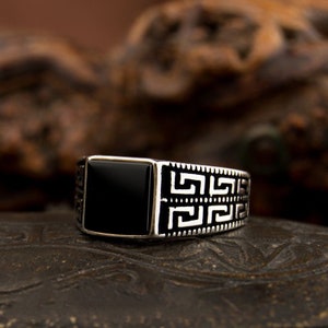 Onyx Square Black Aqeeq Ring, Silver Handmade Jewelry, 925 Sterling Silver, For Men, Black Aqeeq - Agate, Onyx