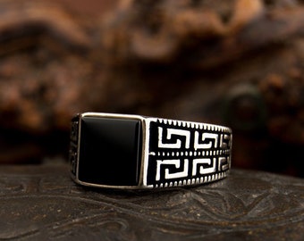 Onyx Quadrat Schwarz Aqeeq Ring, Silber Handgemachter Schmuck, 925 Sterling Silber, Für Männer, Schwarz Aqeeq - Achat, Onyx