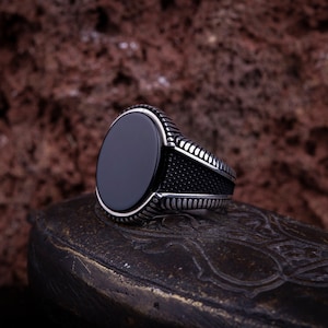 Anello da uomo ovale in onice, gioielli fatti a mano in argento, argento sterling 925, per uomo, onice, nero Aqeeq - Agata, nero