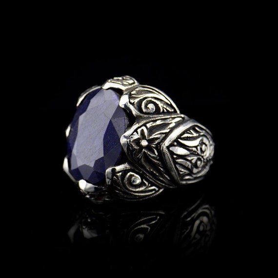 Anello Uomo Argento 925 Con Zaffiro Blu Naturale Fatto A Mano – Stile Sigillo Ovale – Vintage Turchia