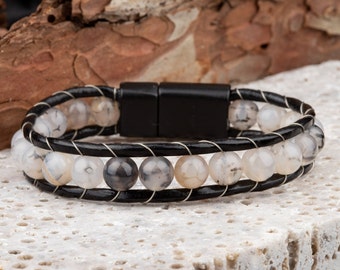 Bracelet manchette perlée Yéménite Aqeeq, bracelet en pierre naturelle fait à la main, bracelet en cuir unisexe, multicolore