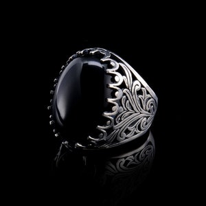 Big Oval Black Aqeeq Silver Ring, Silver Handmade Jewelry, 925 Sterling Silver, For Men, Black Aqeeq - Agate, Onyx