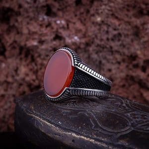 Oval Red Aqeeq Men Ring, Silver Handmade Jewelry, 925 Sterling Silver, For Men, Yemeni Aqeeq, Red Aqeeq-Agate