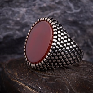 Grid Pattern Silver Red Yemeni Aqeeq Men Ring, Silver Handmade Jewelry, 925 Sterling Silver, For Men, Yemeni Aqeeq - Agate, Red