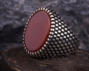 Bague Homme Bleu Argent Rouge Yéménite Aqeeq, Bijoux faits Main en Argent, Argent Sterling 925, Pour Hommes, Aqeeq Yéménite - Agate, Rouge