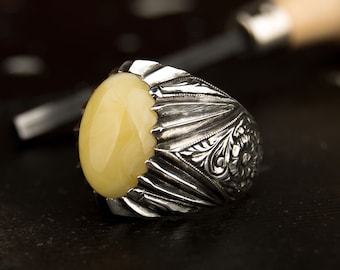 Yellow Oval Amber Silver Ring, Silver Handmade Jewelry, 925 Sterling Silver, For Men, Amber, Yellow