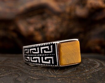 Brown Square Tiger's Eye Ring, Silver Handmade Jewelry, 925 Sterling  Silver, For Men, Tiger's Eye - Main Image
