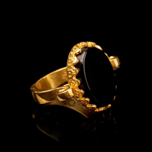 Black Aqeeq Gold Plated Silver Women Ring, Silver Handmade Jewelry, 925 Sterling Silver, For Women, Gift For Her, Black top Aqeeq - Agate