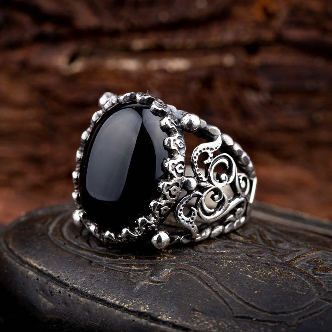 【SALE／55%OFF】 Agate Black Onyx Handmade Silver Ring, Men Silver Oval アクセサリー