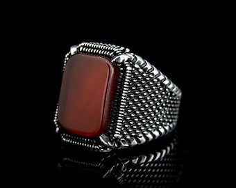 Rectangle Red Agate Micro Dotted Men's Ring, Silver Handmade Jewelry, 925 Sterling Silver, For Men, Red Aqeeq - Agate, Red