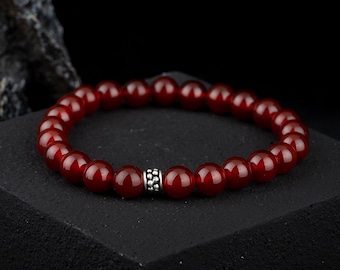 Red Yemeni Aqeeq Elastic Beaded Unisex Bracelet, Stretch Bracelet, Unisex Gemstone Bracelet, Men, Women, Unisex, Red Aqeeq - Agate
