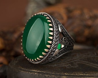KAR Solid Sterling Silver Green Agate (Aqeeq) Men's Ring - Handmade 925K Stamped