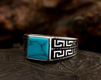 Türkis Quadrat Silber Ring, Silber handgefertigter Schmuck, 925 Sterling Silber, Für Männer, Türkis, Feroza