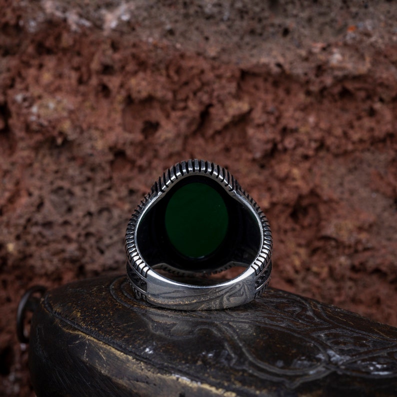 Oval Green Aqeeq Men Ring, Silver Handmade Jewelry, 925 Sterling Silver, For Men, Green Aqeeq Agate image 4