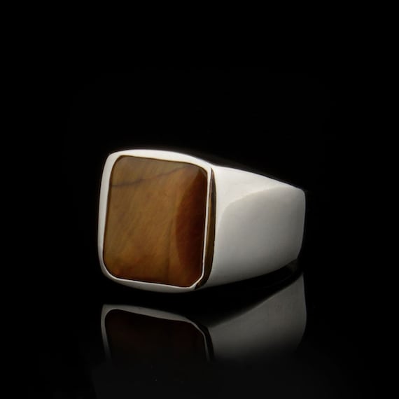 Bague Homme Rectangle Argent Oeil de Tigre Marron, Bijoux Argentés
