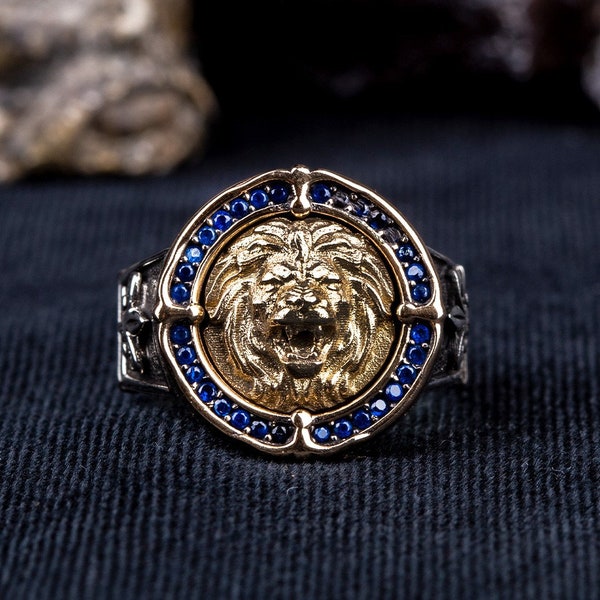 Bague pour homme recouverte de Zircon bleu tête de lion, bijoux faits à la main en argent, argent Sterling 925, pour homme, Zircon bleu, bleu