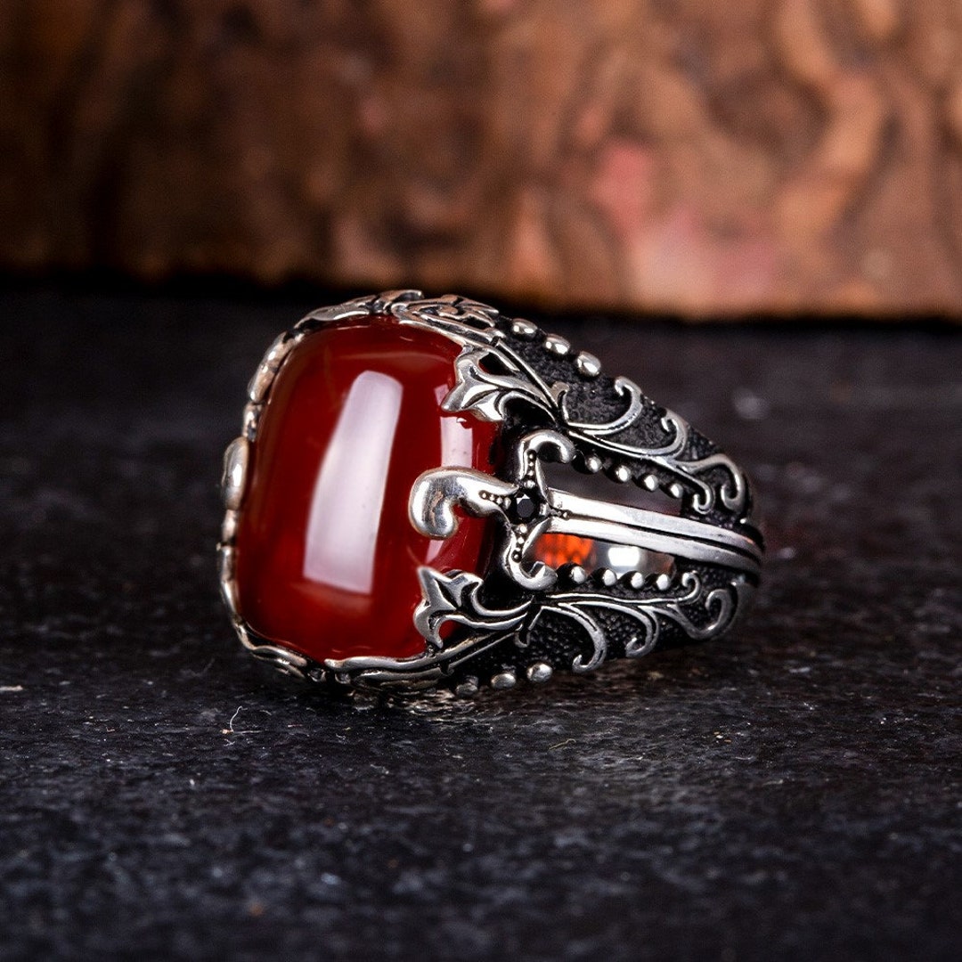 Red Agate Rectangle Sword Band Silver Ring, Silver Handmade Jewelry ...