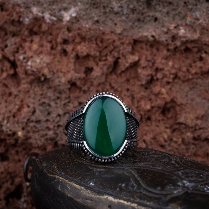 Oval Green Aqeeq Men Ring, Silver Handmade Jewelry, 925 Sterling Silver, For Men, Green Aqeeq Agate image 2