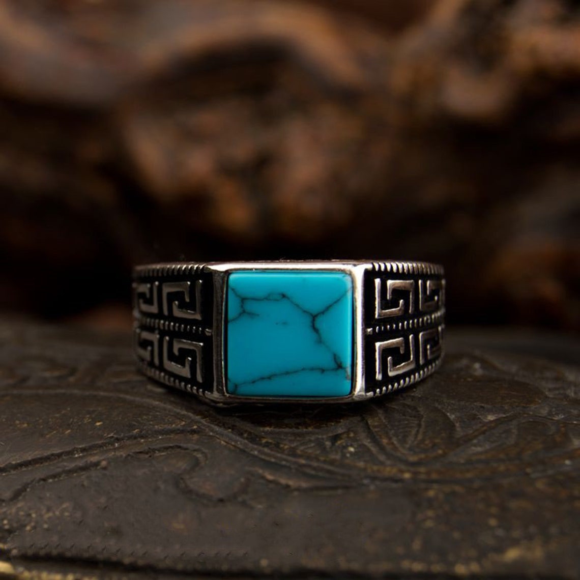 Genuine Turquoise & .925 Silver Overlay Handmade Ring – 10x10mm Square Stone, 5.40ctw, Silver Plated Over Brass