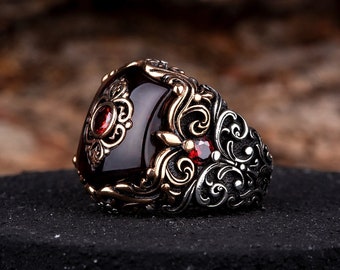 Roter Bernstein Zirkon Detaillierter Herren Silberring, Silber Handgemachter Schmuck, 925 Sterling Silber, Für Männer, Roter Bernstein