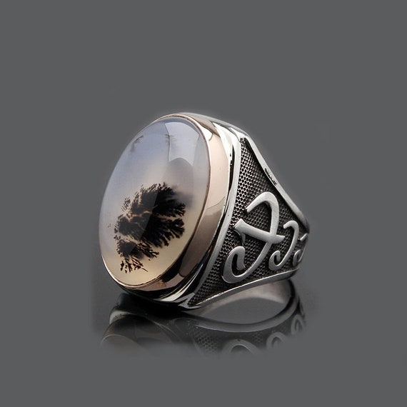 Rare Yéménite Agate Aqeeq Argent Homme Bague, Argent Bijoux Faits