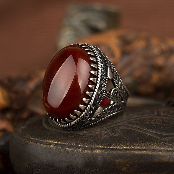 Red Big Oval Yemeni Aqeeq Silver Ring Silver Handmade - Etsy