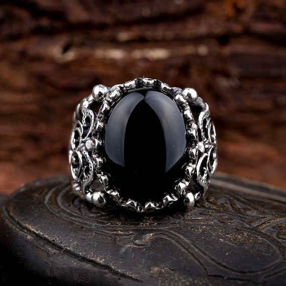 Naturale In Argento Sterling Onice Nero Gemma Gioielli Anello