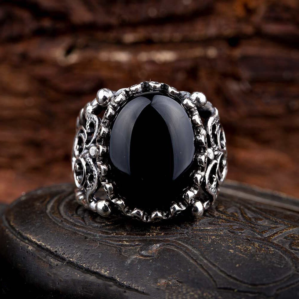 CTHY RING [ BLACK AGATE ] 13号 ANTIQUE Vintage, Sterling Silver, Black and White Agate Stone, Ring