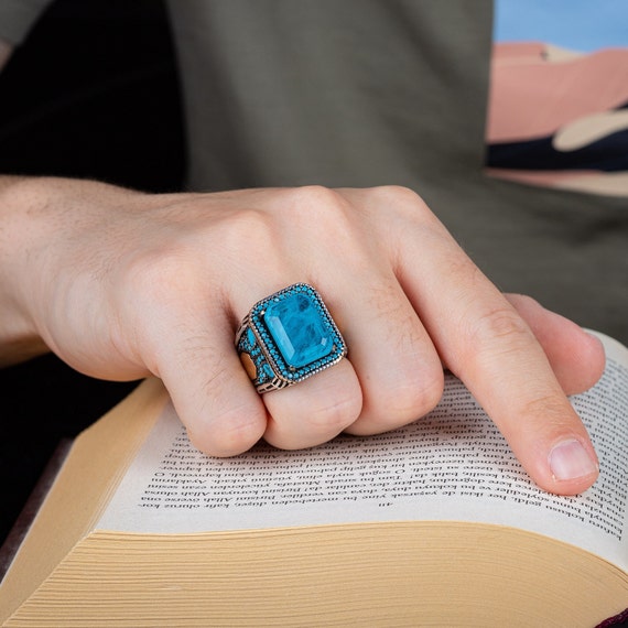 Rectangle Blue Quartz Silver Men Ring With Turquoise Stones