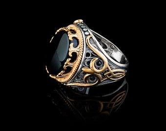 Black Oval Aqeeq Silver Ring, Silver Handmade Jewelry, 925 Sterling Silver, For Men, Black Aqeeq - Agate, Onyx