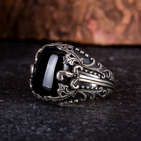 Black Onyx Rectangle Sword Band Silver Ring, Silver Handmade