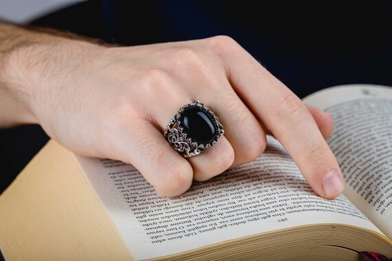 CTHY RING [ BLACK AGATE ] 13号 ANTIQUE Original Tri-Cut Gemstone Ring - Sterling Silver / Black