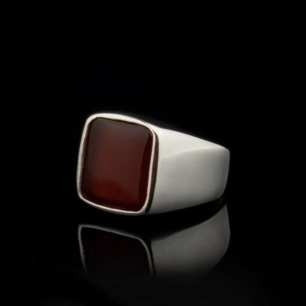 Red Agate Rectangle Silver Men Ring, Silver Handmade Jewelry, 925 Sterling Silver, For Men, Red Aqeeq - Agate