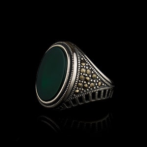 Green Agate & Marcasite Silver Ring, Silver Handmade Jewelry, 925 Sterling Silver, For Men, Green Aqeeq - Agate