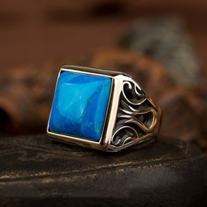 Anillo de hombres de plata cuadrado de piedra turquesa, joyería hecha a mano de plata, plata de ley 925, para hombre, turquesa, feroza