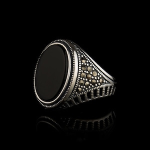 Black Onyx & Marcasite Silver Ring, Silver Handmade Jewelry, 925 Sterling Silver, For Men, Black Aqeeq - Agate, Onyx