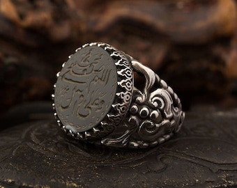 Salawat Islamic Calligraphy Black Aqeeq Ring, 925 Sterling Silver, For Men, Black Aqeeq - Agate, Onyx
