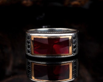 Bague pour homme avec bande élégante en émail rouge, bijoux faits à la main en argent, argent sterling 925, pour homme, émail rouge, Mina